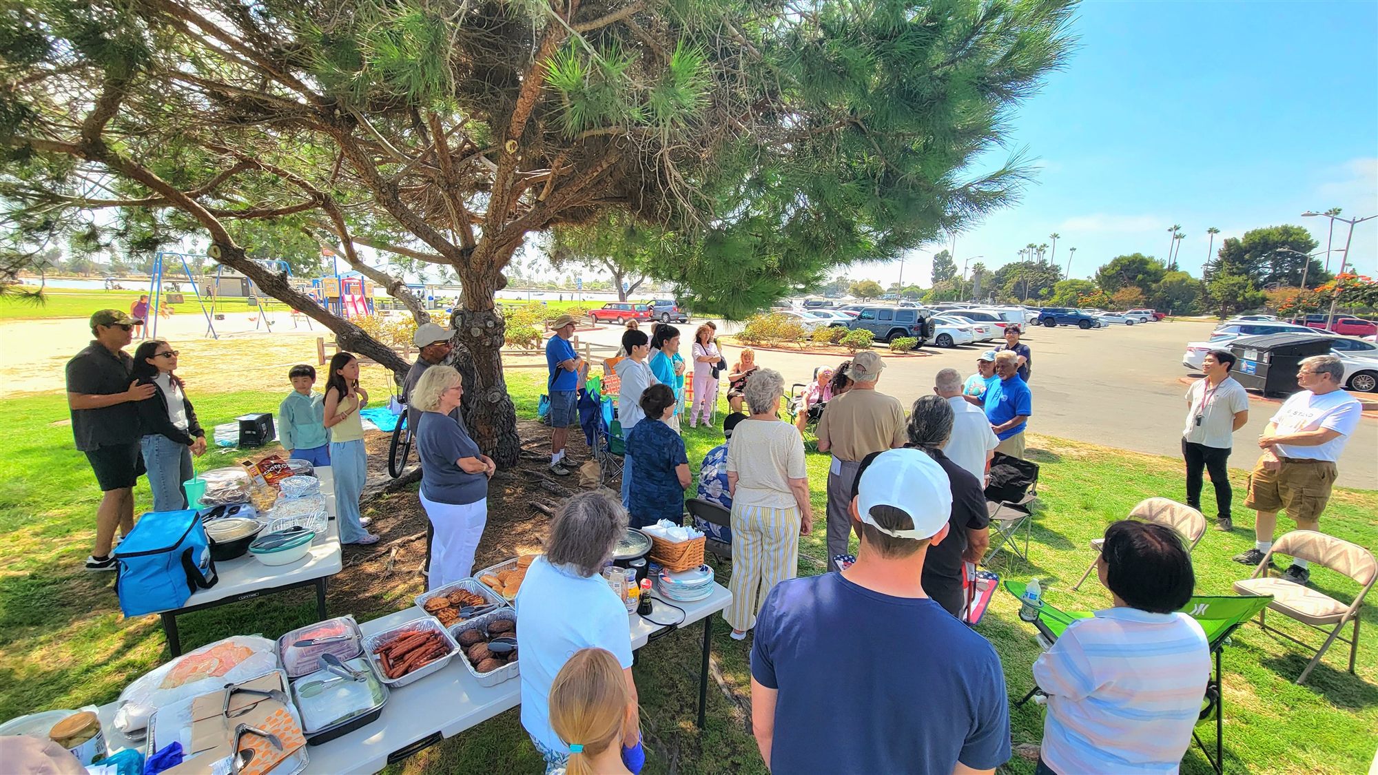 Church members standing in a circle under a pine tree at a park gathering