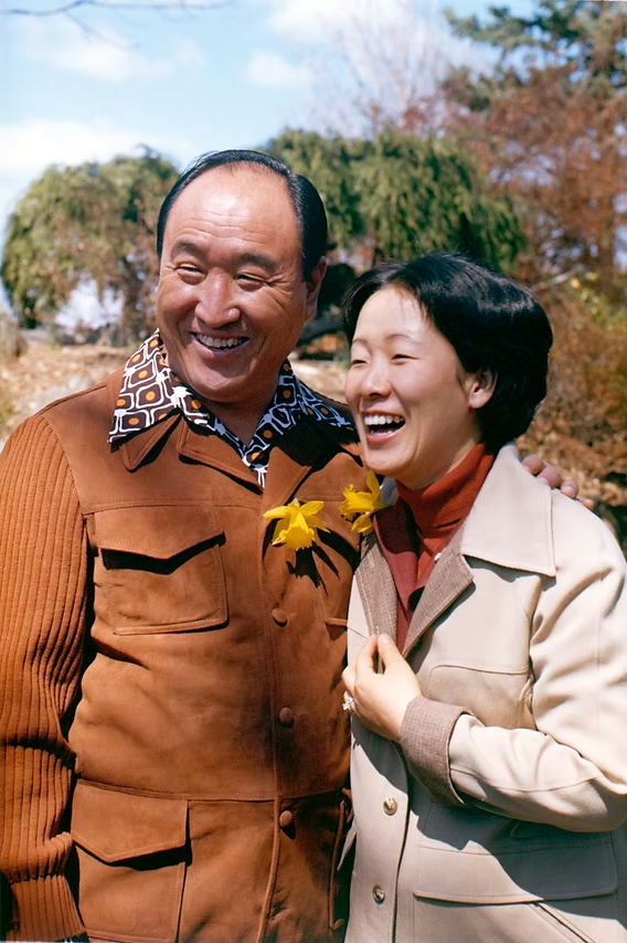 Rev. Sun Myung Moon and Dr. Hak Ja Han Moon, True Parents, smiling together outdoors